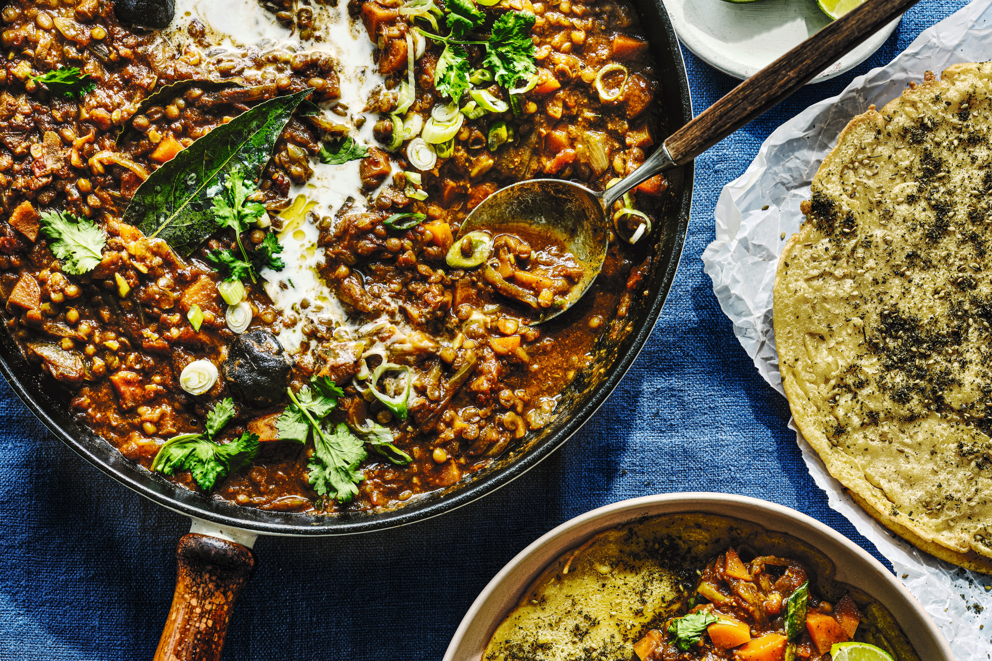 Chickpea Pancake with Spiced Lentil & Pine Nut Curry
